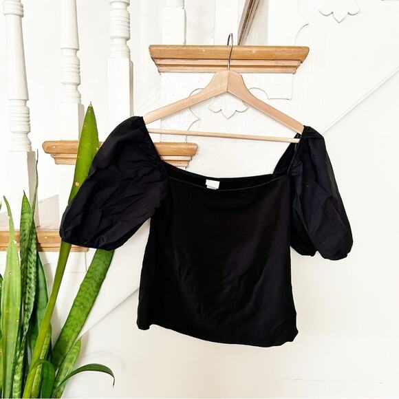 H&M Black Puff Sleeve Square Neck Top Stretchy Cotton Blend Size M Medium - Picture 1 of 4